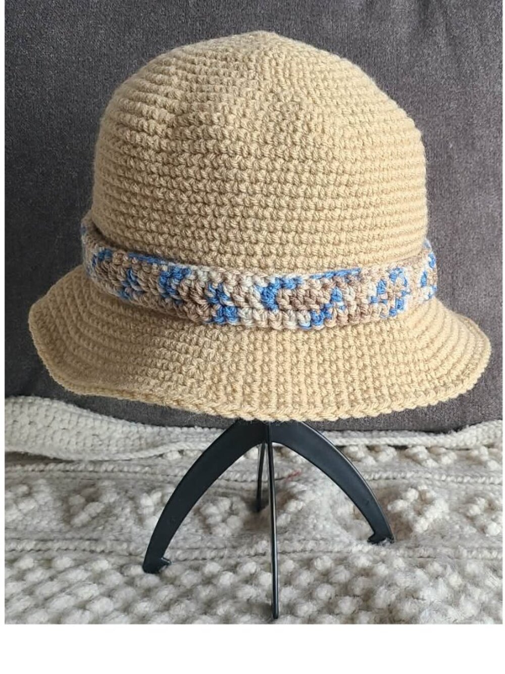 Handmade Adult Crochet Bucket Hat – Beige Summer Hat with Headband Detail